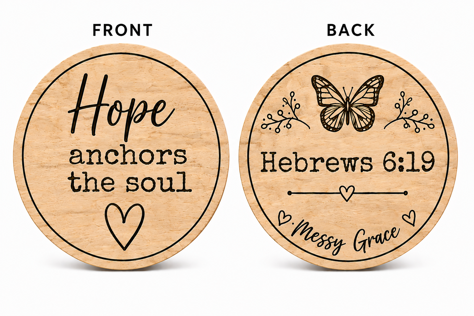 Hope Anchors the Soul wooden nickel, front and back, Hebrews 6:19