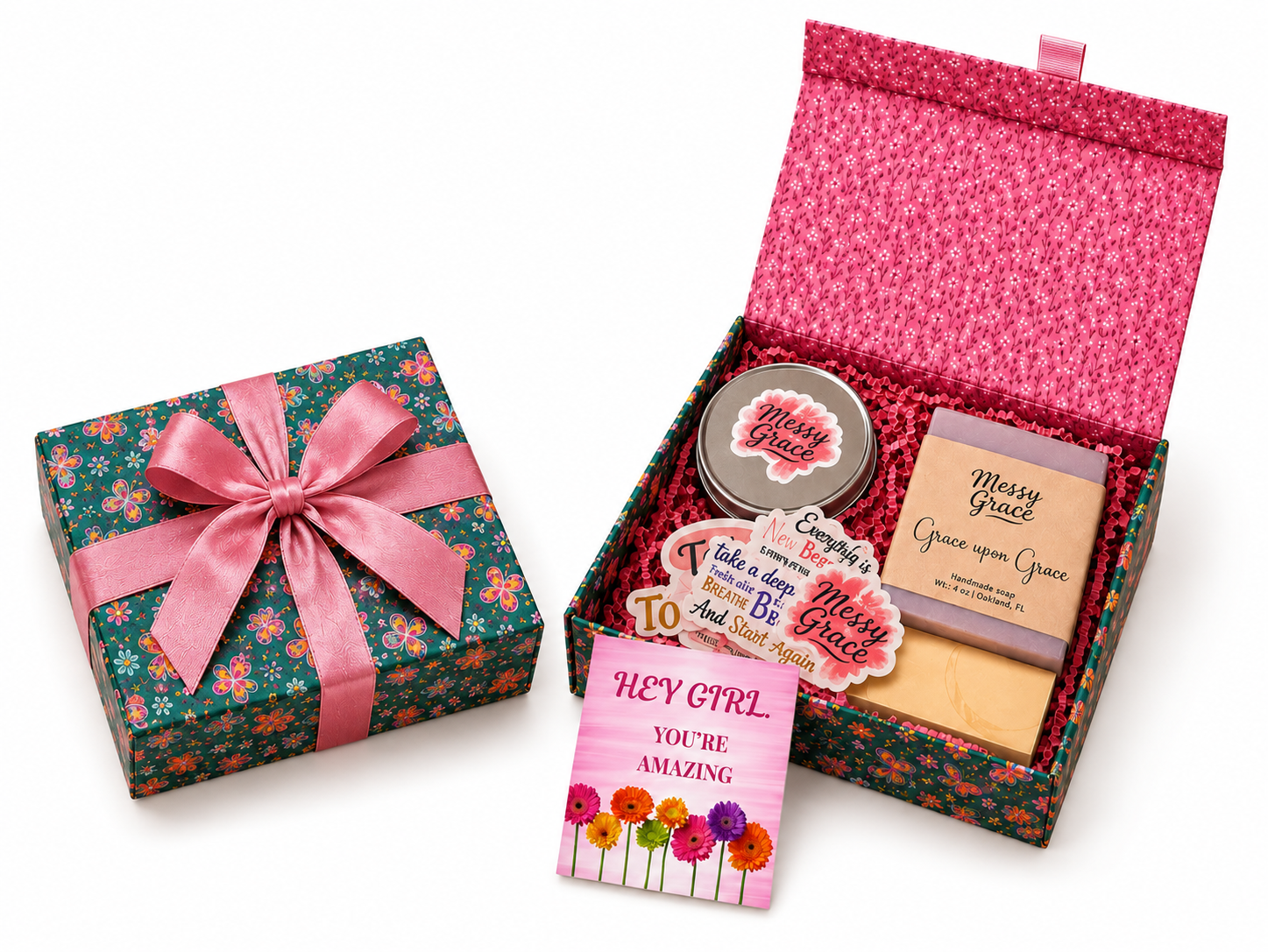 Messy Grace Encouragement Box, a floral keepsake gift box with candle, soap, stickers, notepad, and card