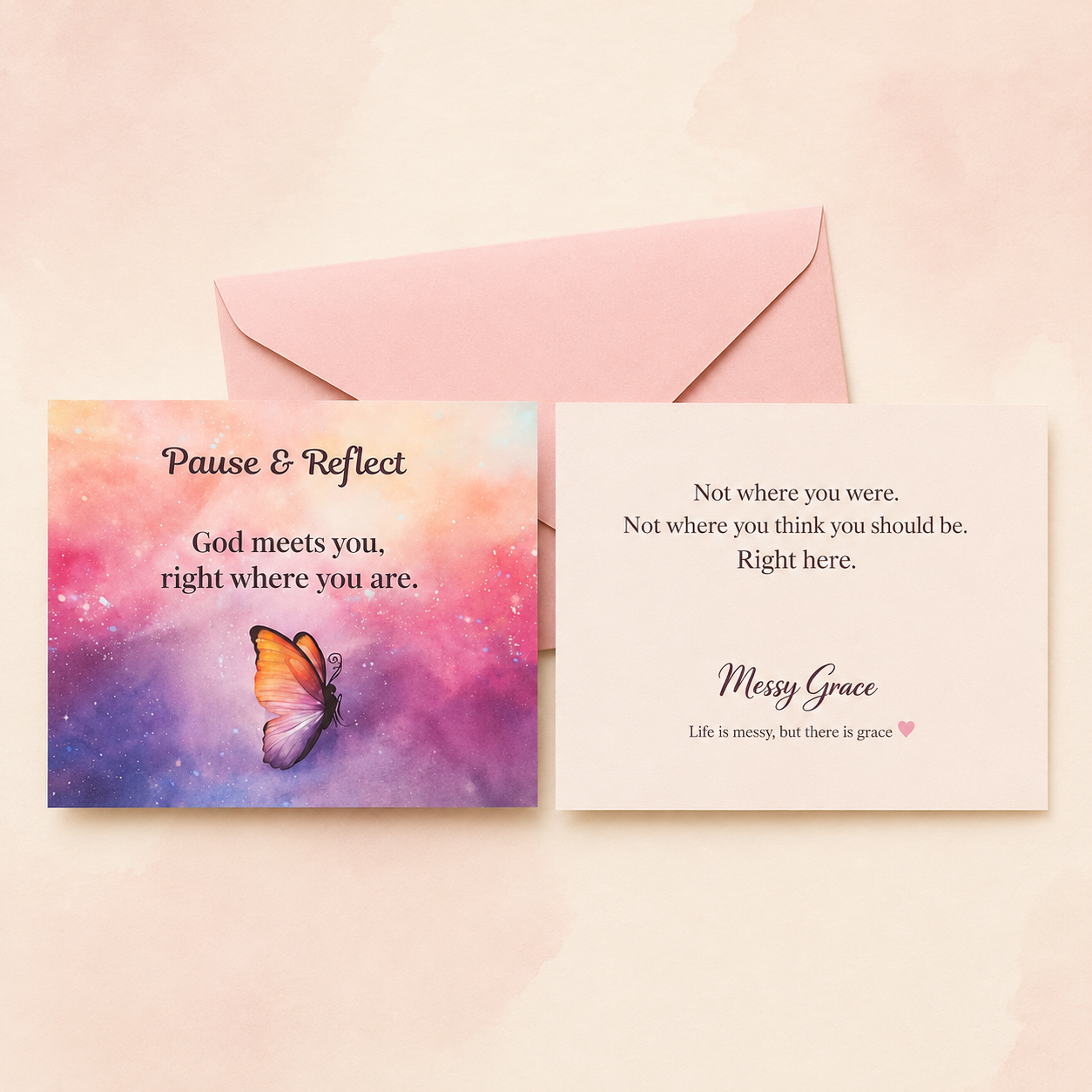 Pause and Reflect encouragement card with pink envelope
