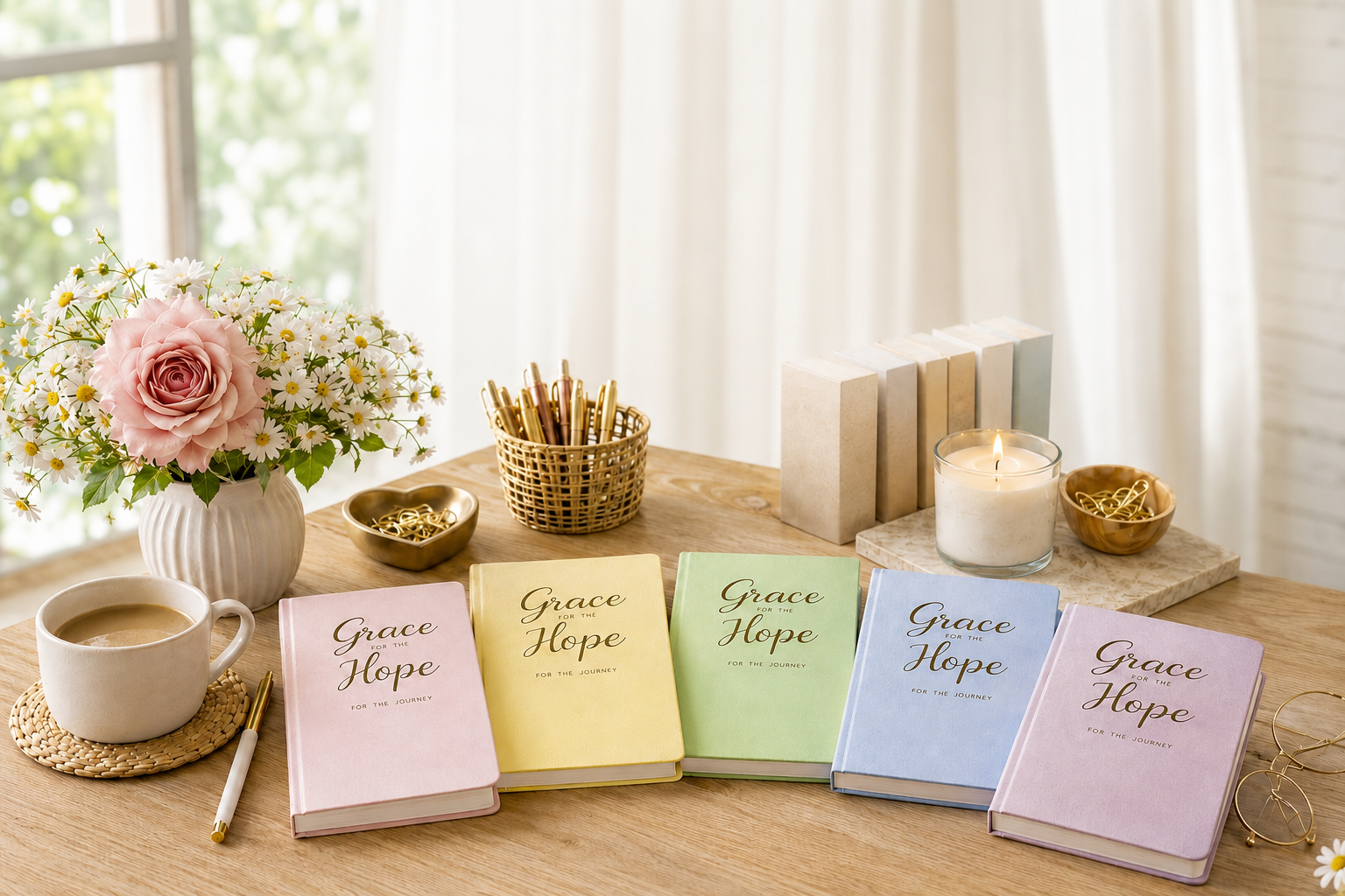 Grace for the Hope journals styled on a desk with coffee and flowers