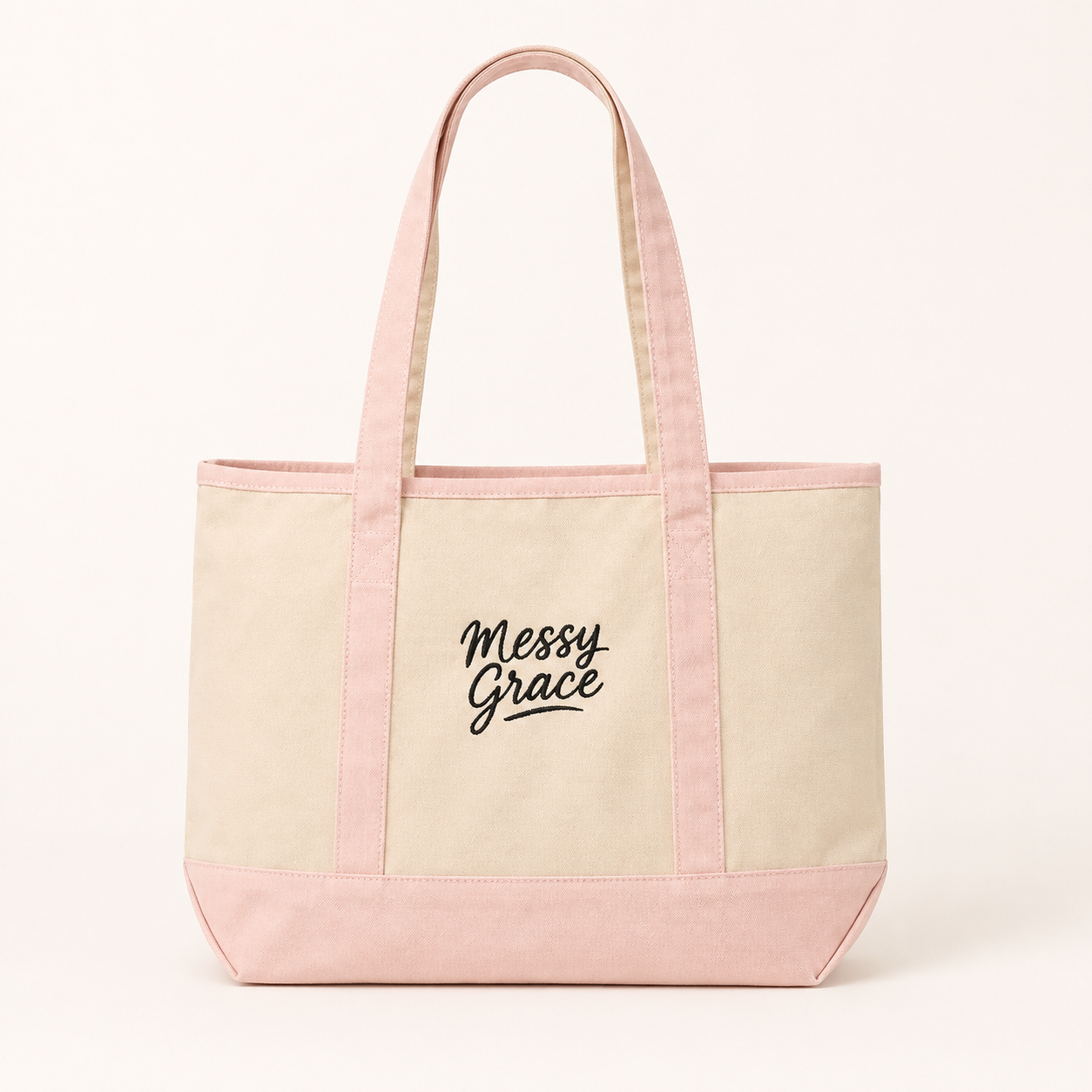 Cream and pink Messy Grace canvas tote bag