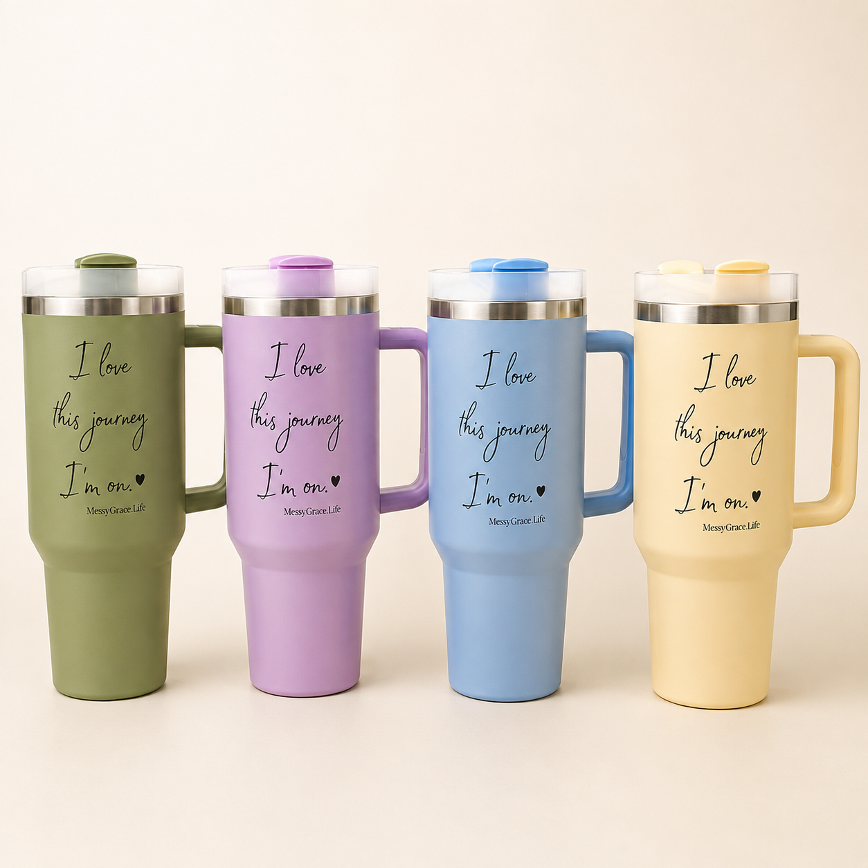 Sips of Grace 40 oz tumbler, I Love This Journey I'm On design, in olive, lilac, blue, and yellow