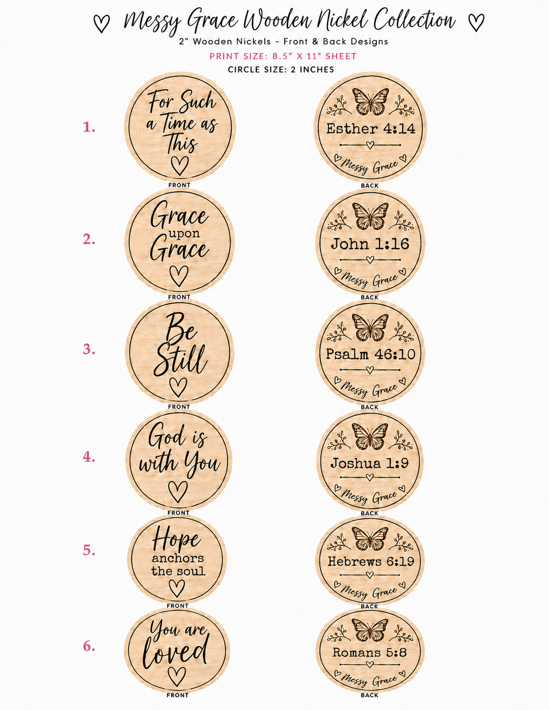 Messy Grace wooden nickel collection, front and back designs